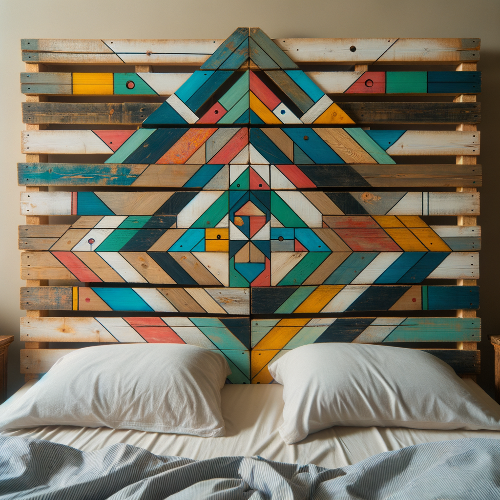 cabecero de cama con palets pintados con formas geométricas